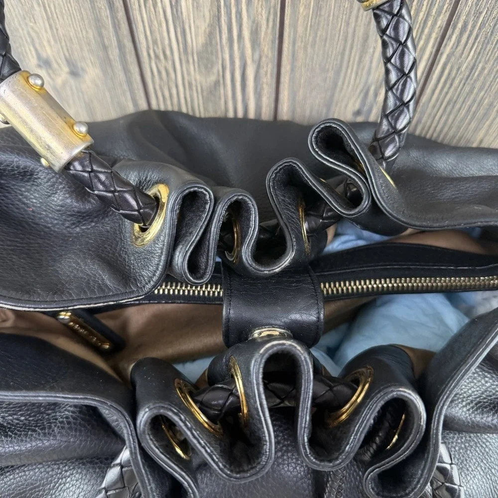 Michael Kors Black Leather Drawstring Satchel Bag Braided Handles Large RARE